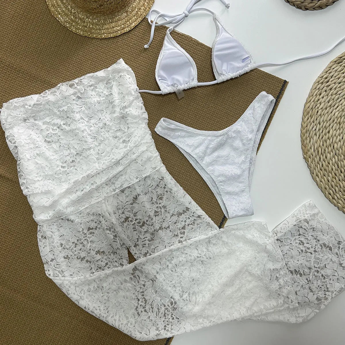 Women's lace three-piece bikini swimsuit set in solid white colour with Lycra lining