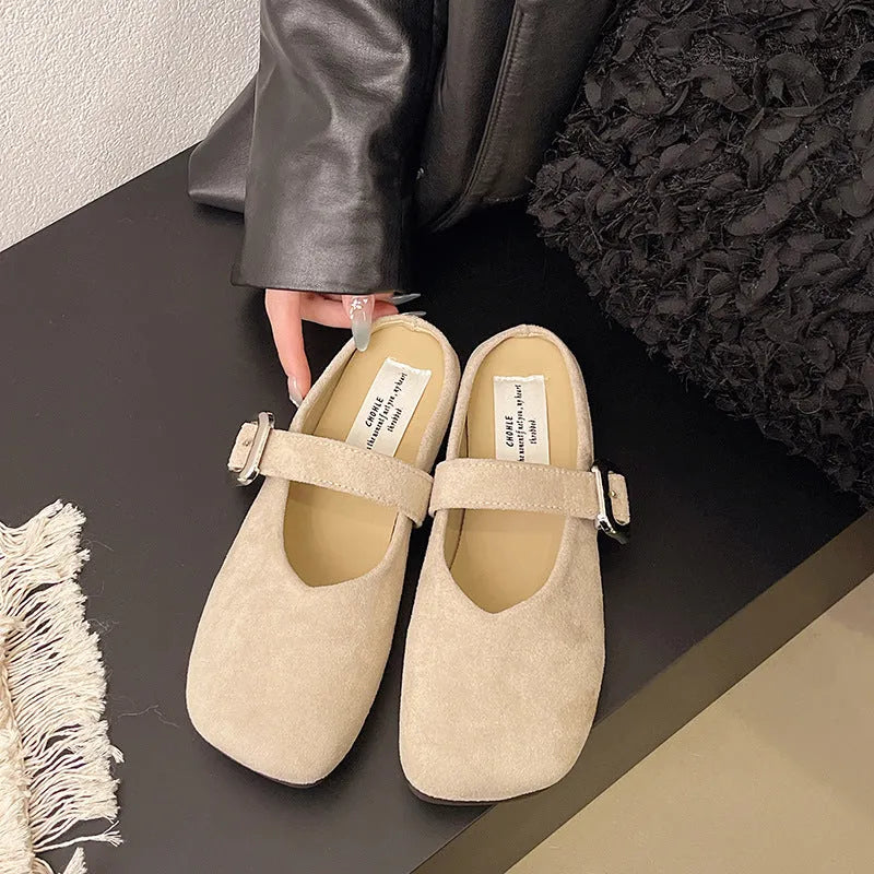 Women's flat closed toe half slippers with square toe in apricot, blue, red, and yellow colours.