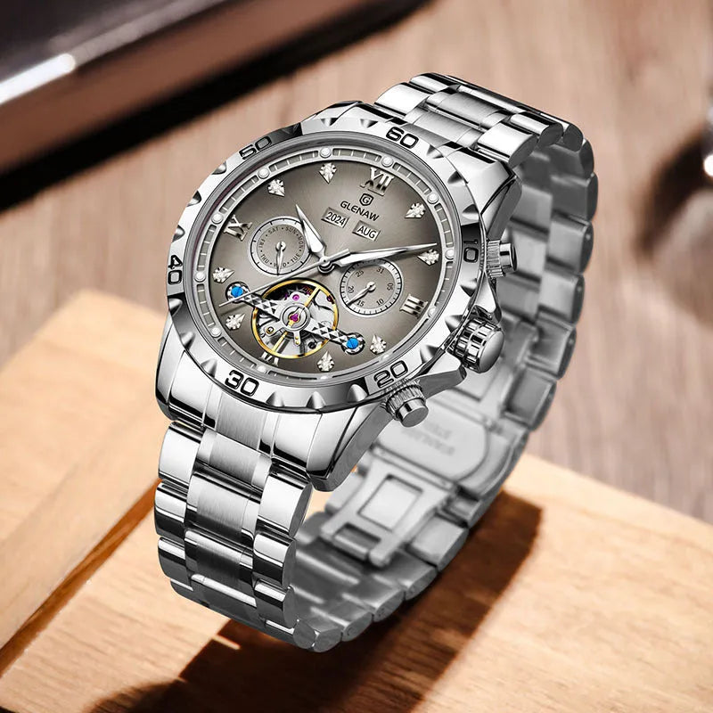 Men's automatic mechanical watch with stainless steel strap and business styling