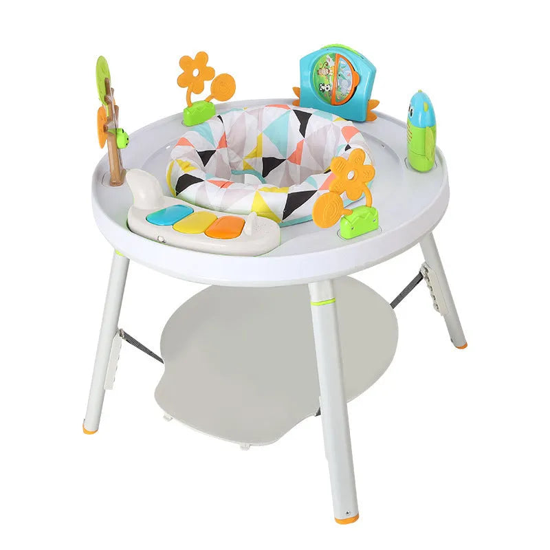 Baby bouncing in three-in-one jumping chair with gymnastic rack and interactive toys