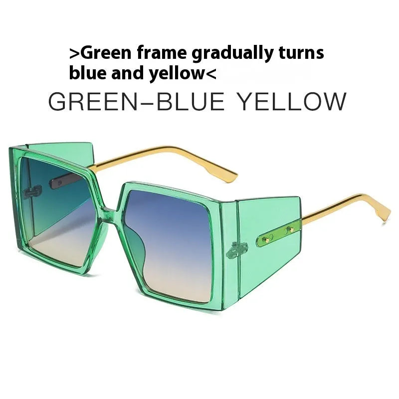 Large square acetate sunglasses available in black, blue, champagne, green, hawksbill, orange, and white frame colours
