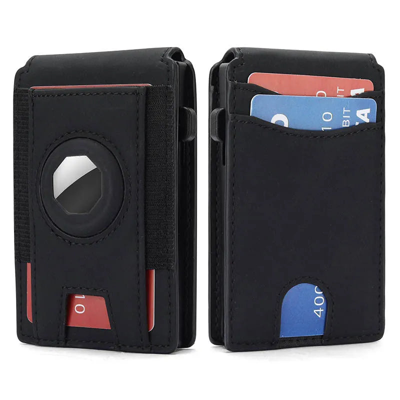 Men's slim RFID-blocking card holder wallet in black microfiber synthetic leather.