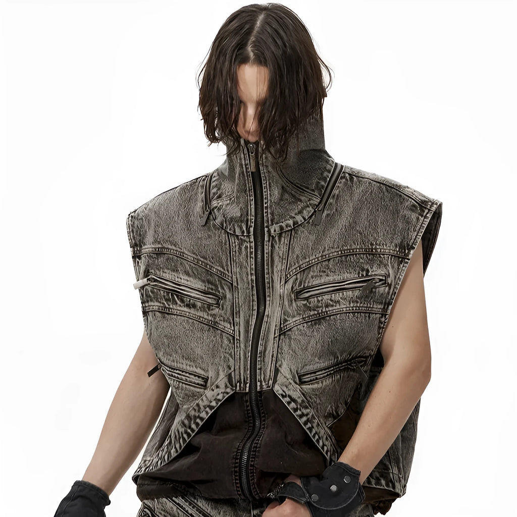 Men's blue splicing denim vest with zip front, shown sleeveless on a hanger.
