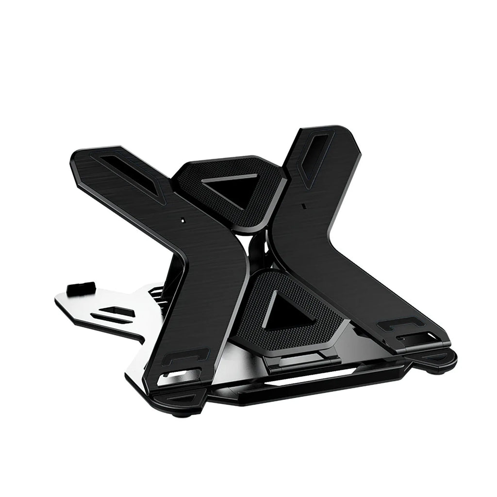 Black ABS plastic laptop bracket with phone holder on a wooden desk.