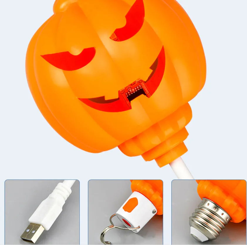 Plastic pumpkin lamp with USB cable for seasonal decoration in yellow or purple light