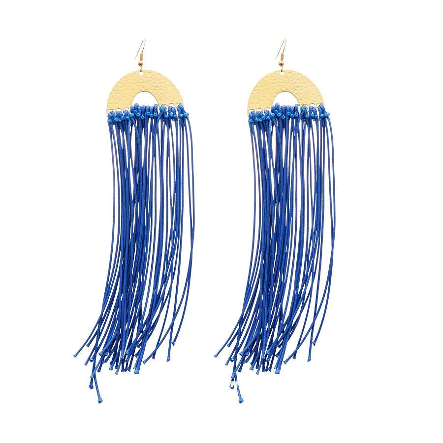 Blue geometric earrings with resin flower detailing and cloth material construction