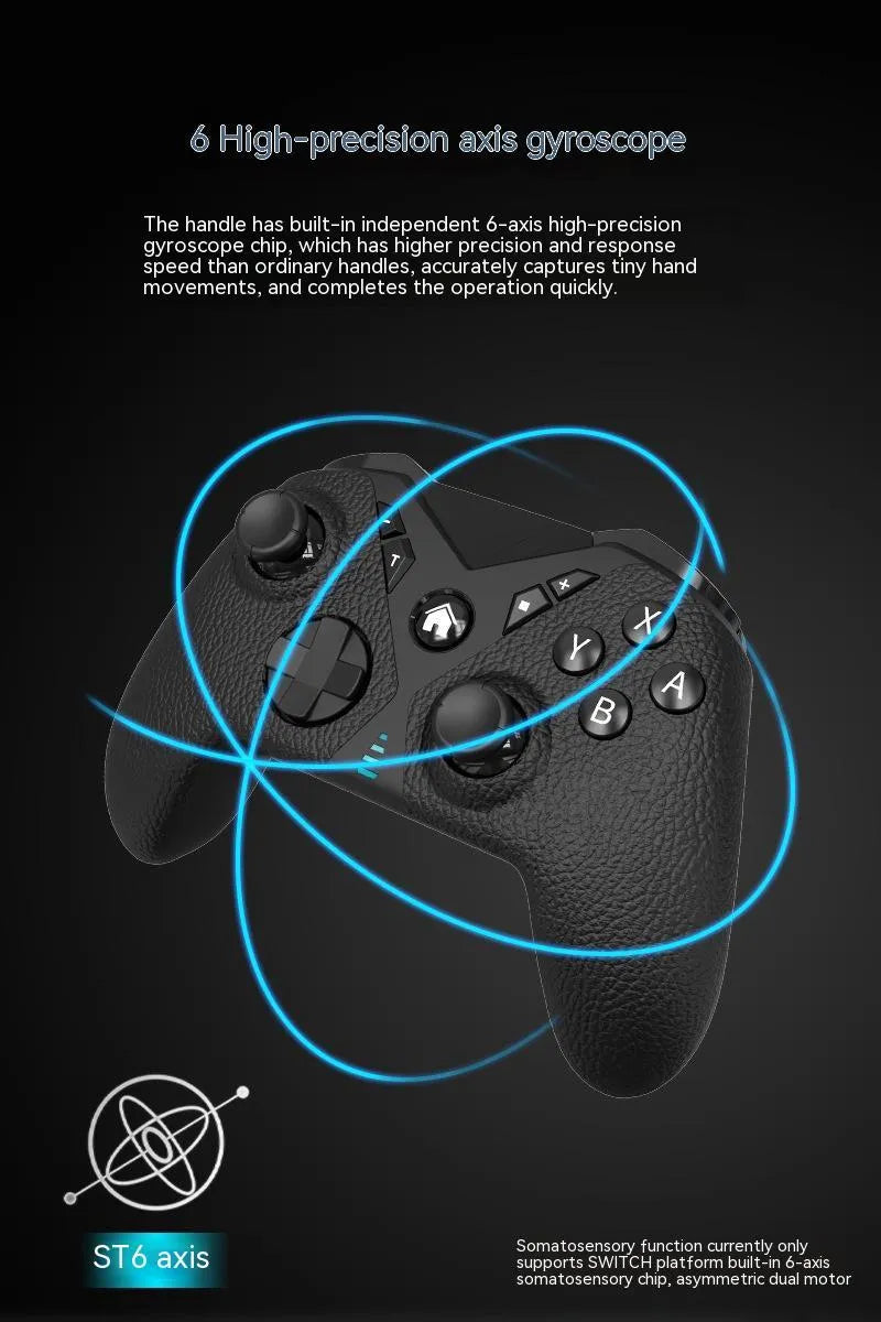 Black wireless game controller with leather pattern grip for Nintendo Switch and mobile devices.
