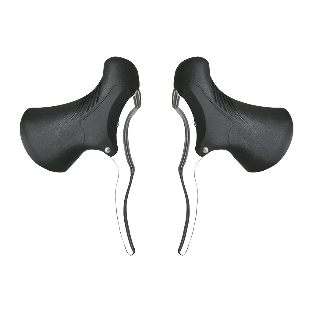 Pair of aluminium alloy road bicycle brake handles in black and black silver finishes.