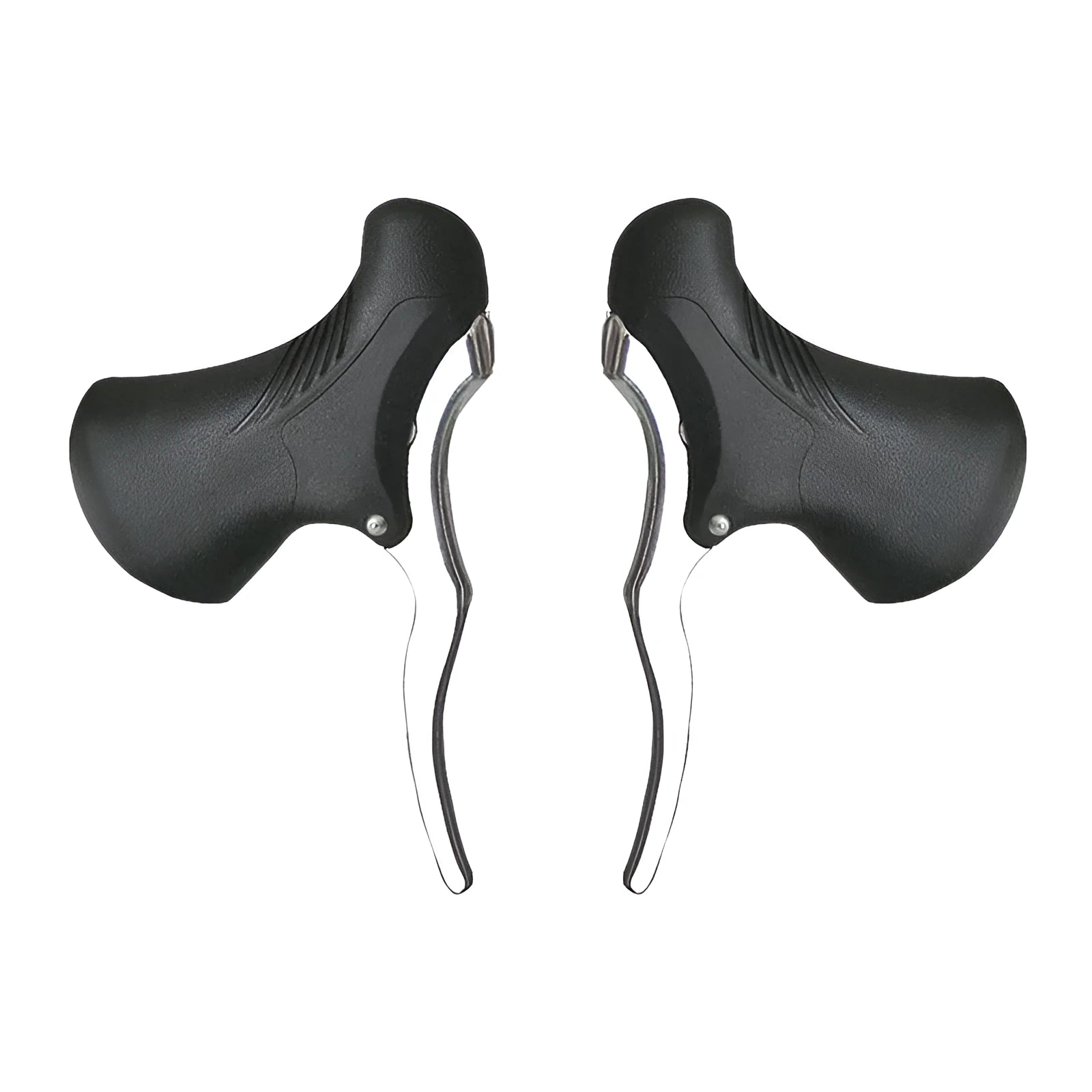 Pair of aluminium alloy road bicycle brake handles in black and black silver finishes.
