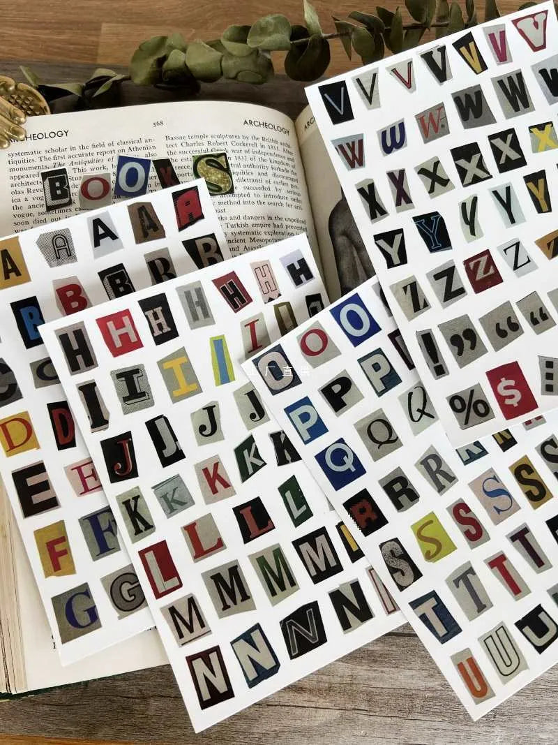 English letters and numbers label sticker set showing alphabet collections and week words in cute printed style