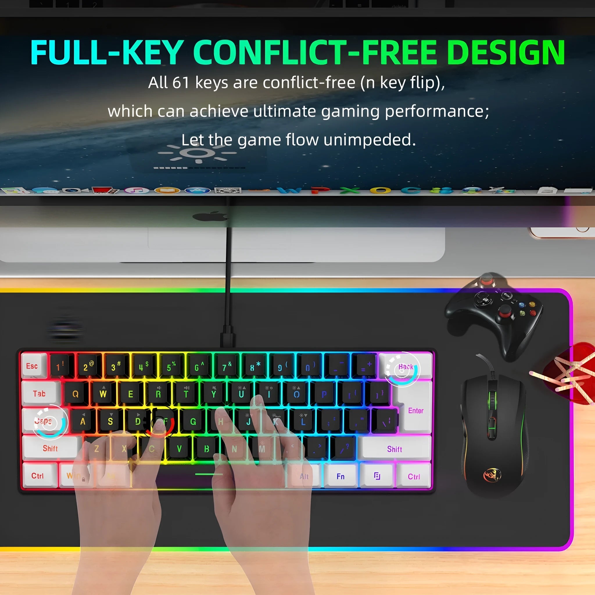 White and black gaming keyboard and mouse set with colour backlight on desk beside notebook computer