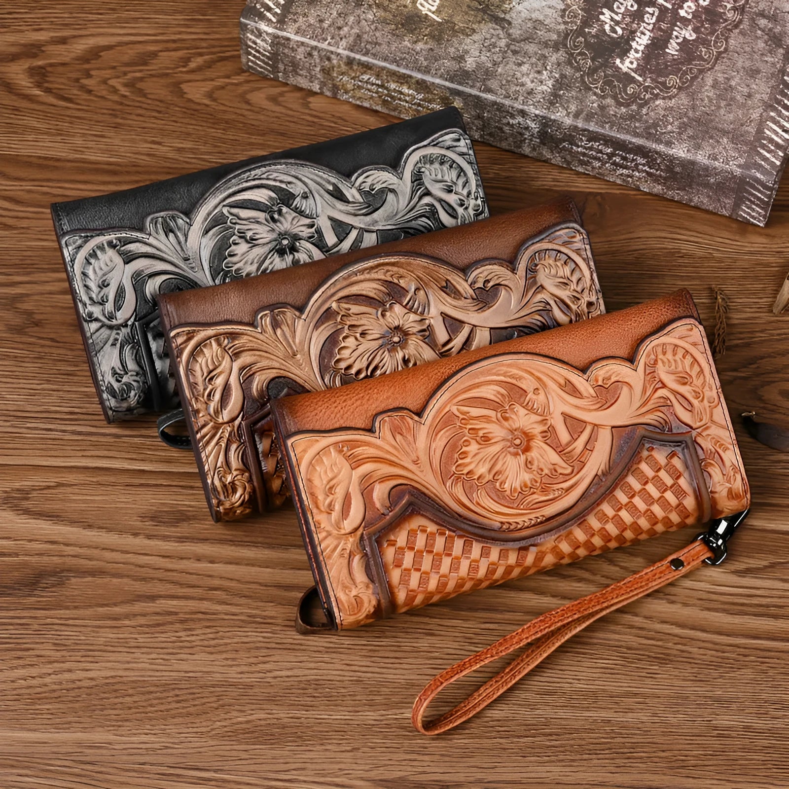 Retro brown embossed floral pattern tri-fold women's wallet made of genuine cowhide leather.