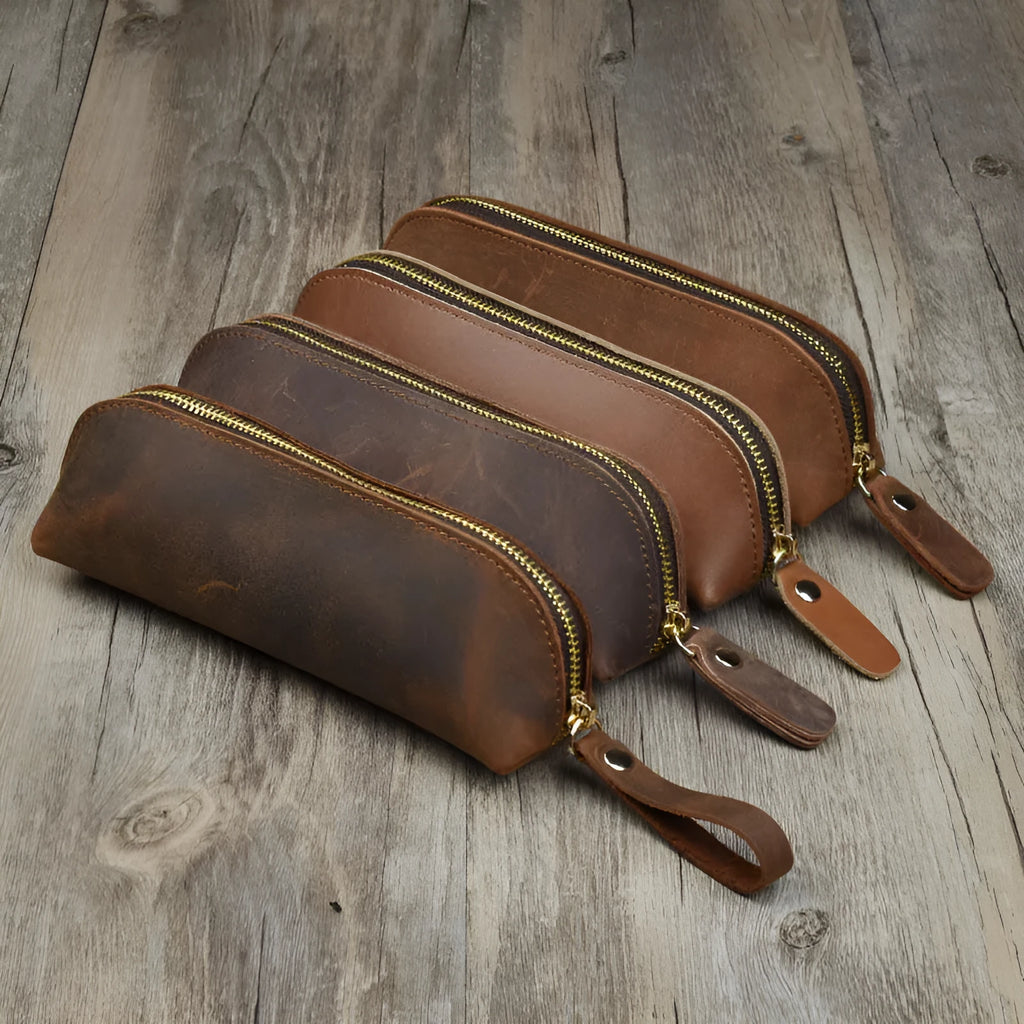 Square cowhide leather pencil case with zipper showing black colour option