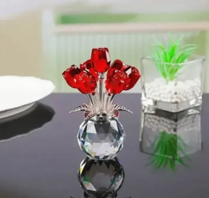 K9 crystal glass rose ornament with geometric Chinese design in multiple colour options