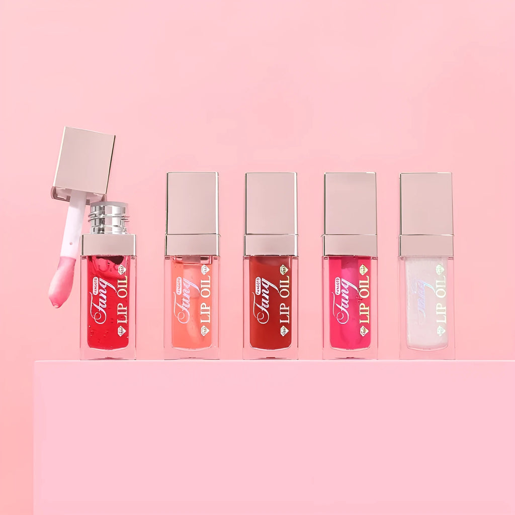 Bright mint lip gloss tube with five colour options showing moisturising and repairing lipstick