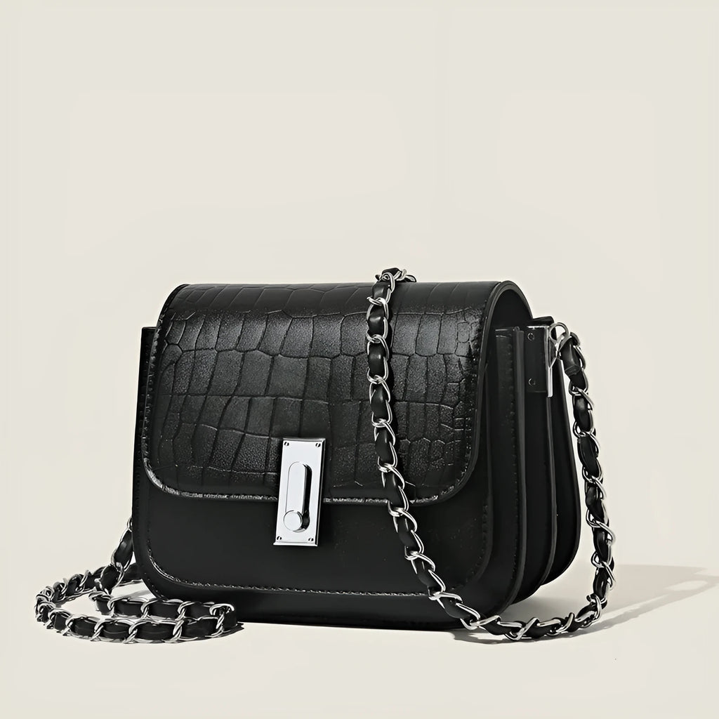 Women's soft black PU square shoulder bag with chain strap and external pocket