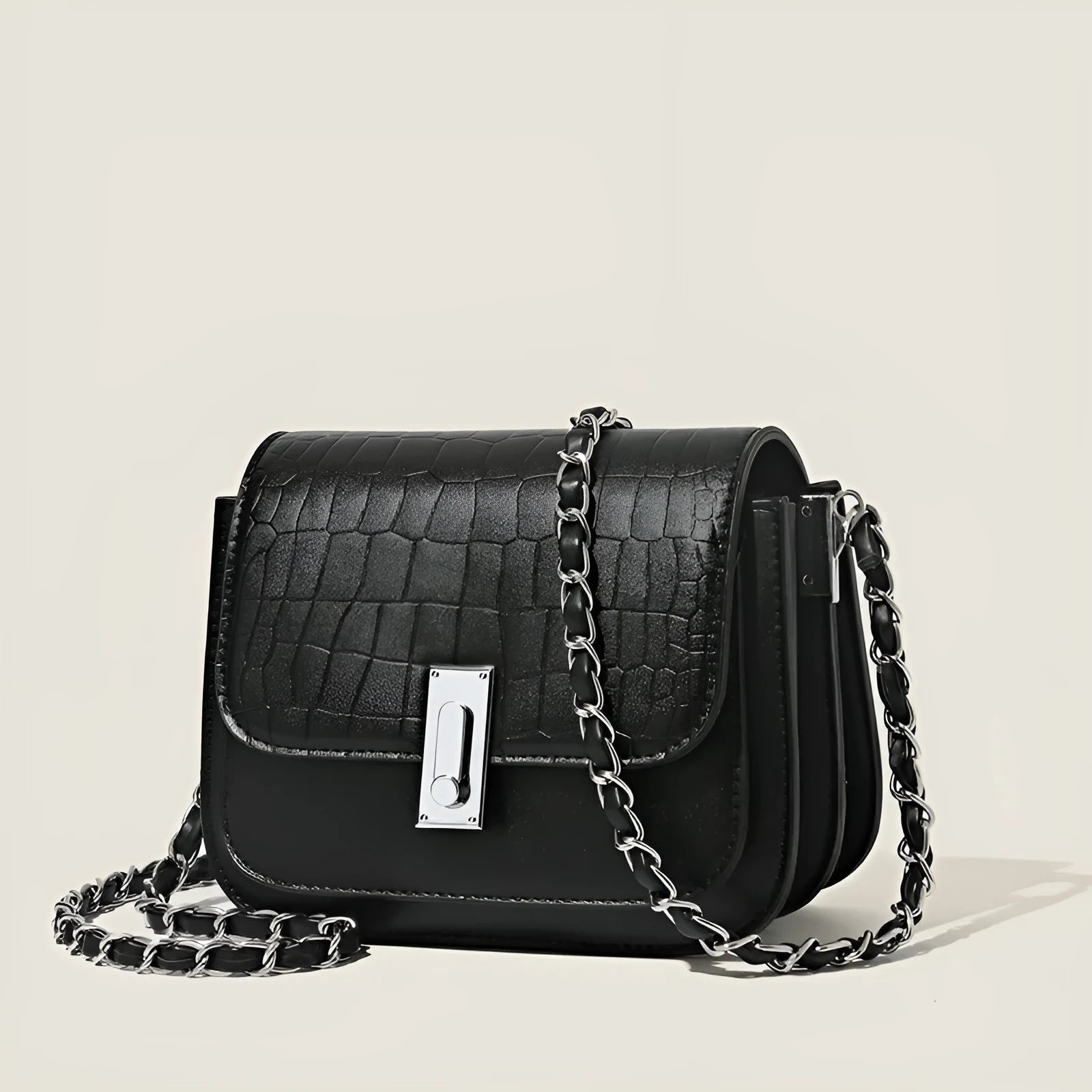 Women's soft black PU square shoulder bag with chain strap and external pocket