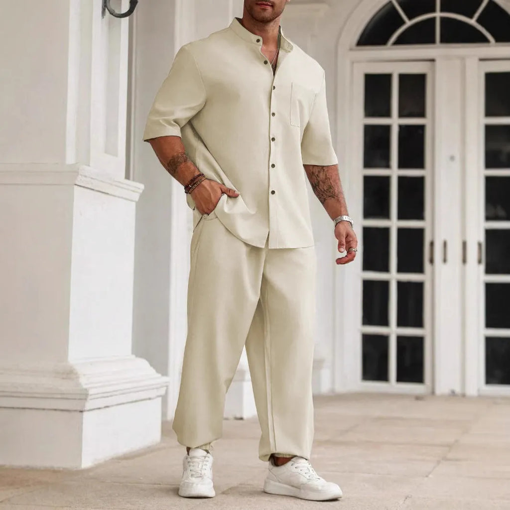 Men's cotton linen casual short-sleeved shirt and trousers set in apricot colour