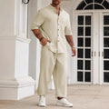 Men's cotton linen casual short-sleeved shirt and trousers set in apricot colour