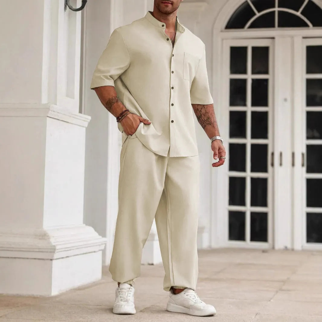 Men's cotton linen casual short-sleeved shirt and trousers set in apricot colour