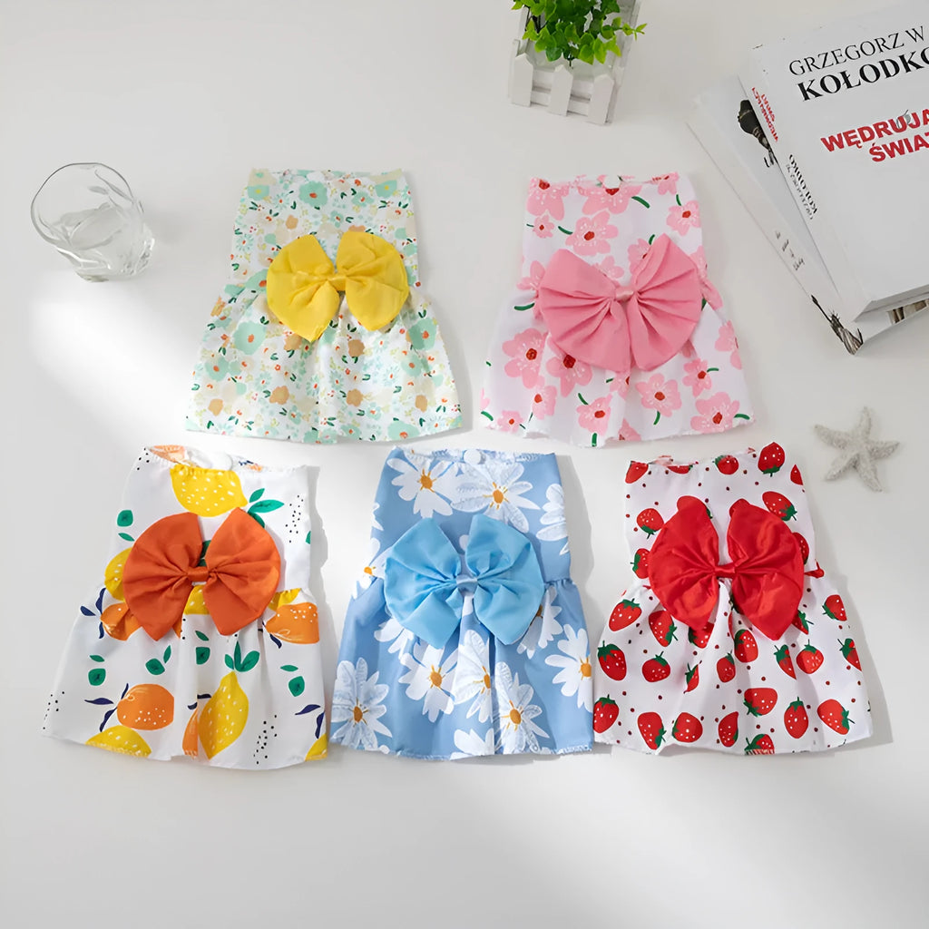 Summer pet dress with floral butterfly knot design in multiple bow colours for dogs and cats