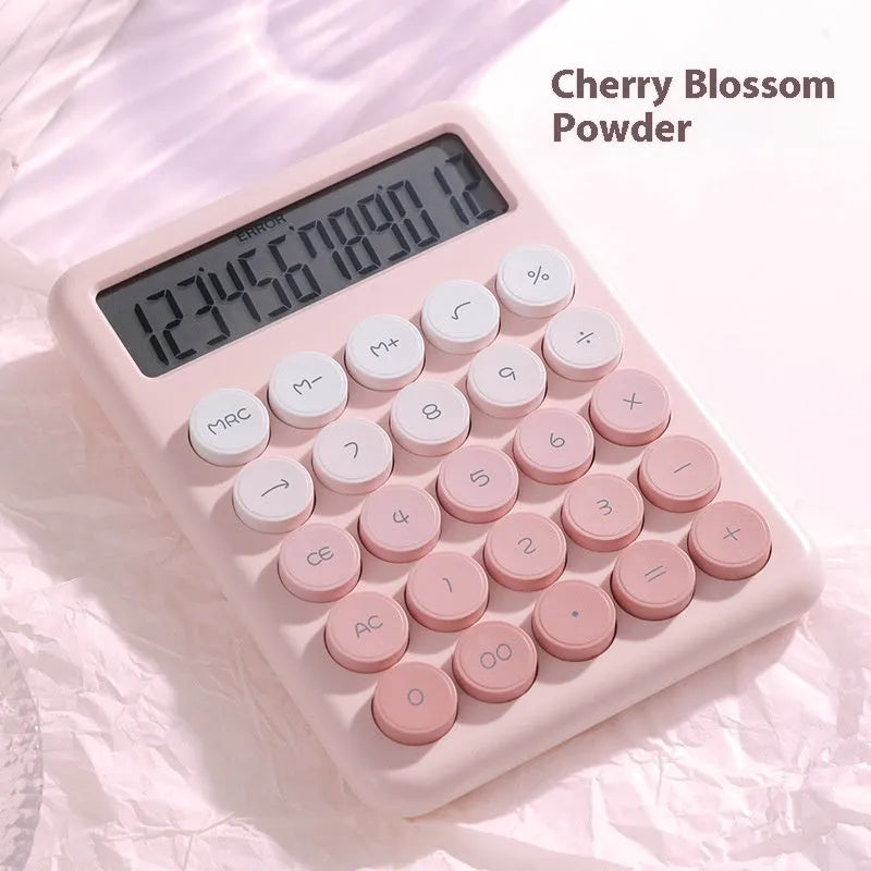 Dopamine gradient colour desk calculator in violet, cherry blossom powder, glacier blue, and mint green variants.