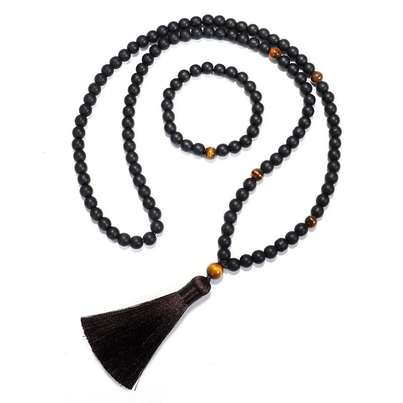 Stone bead necklace and bracelet set with tassel pendant in original design