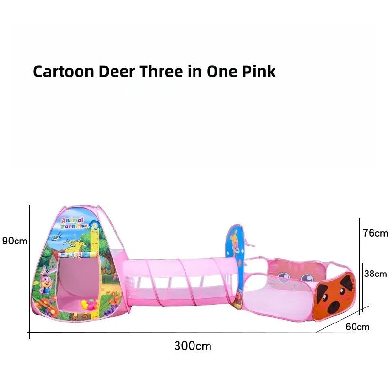 Cartoon marine themed three-in-one children's fabric play tent with ball pool tunnel