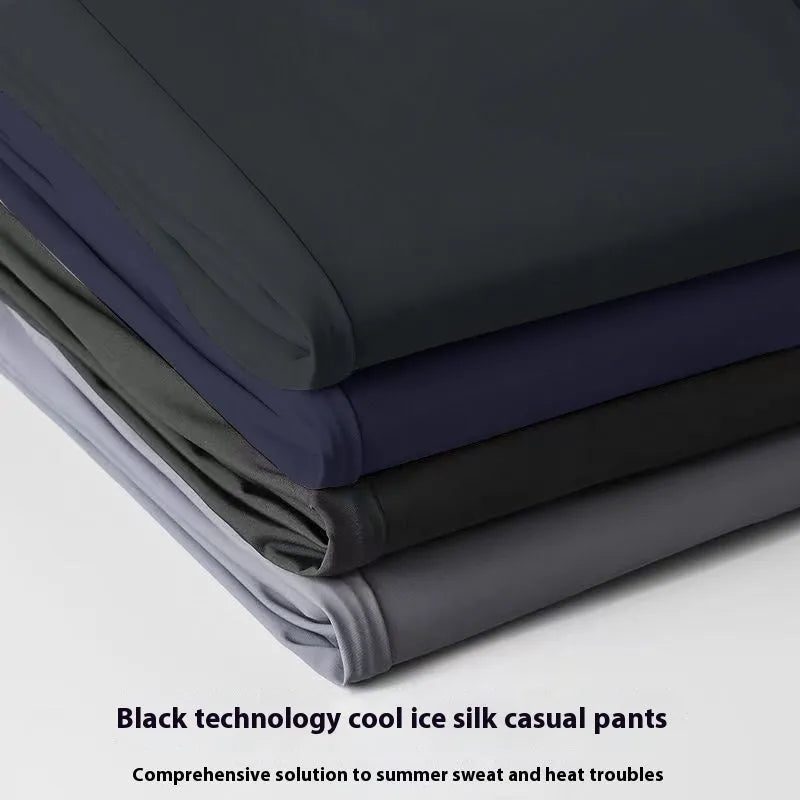 Men's black loose-fit Ice Silk trousers with a straight leg and elasticated waistband.