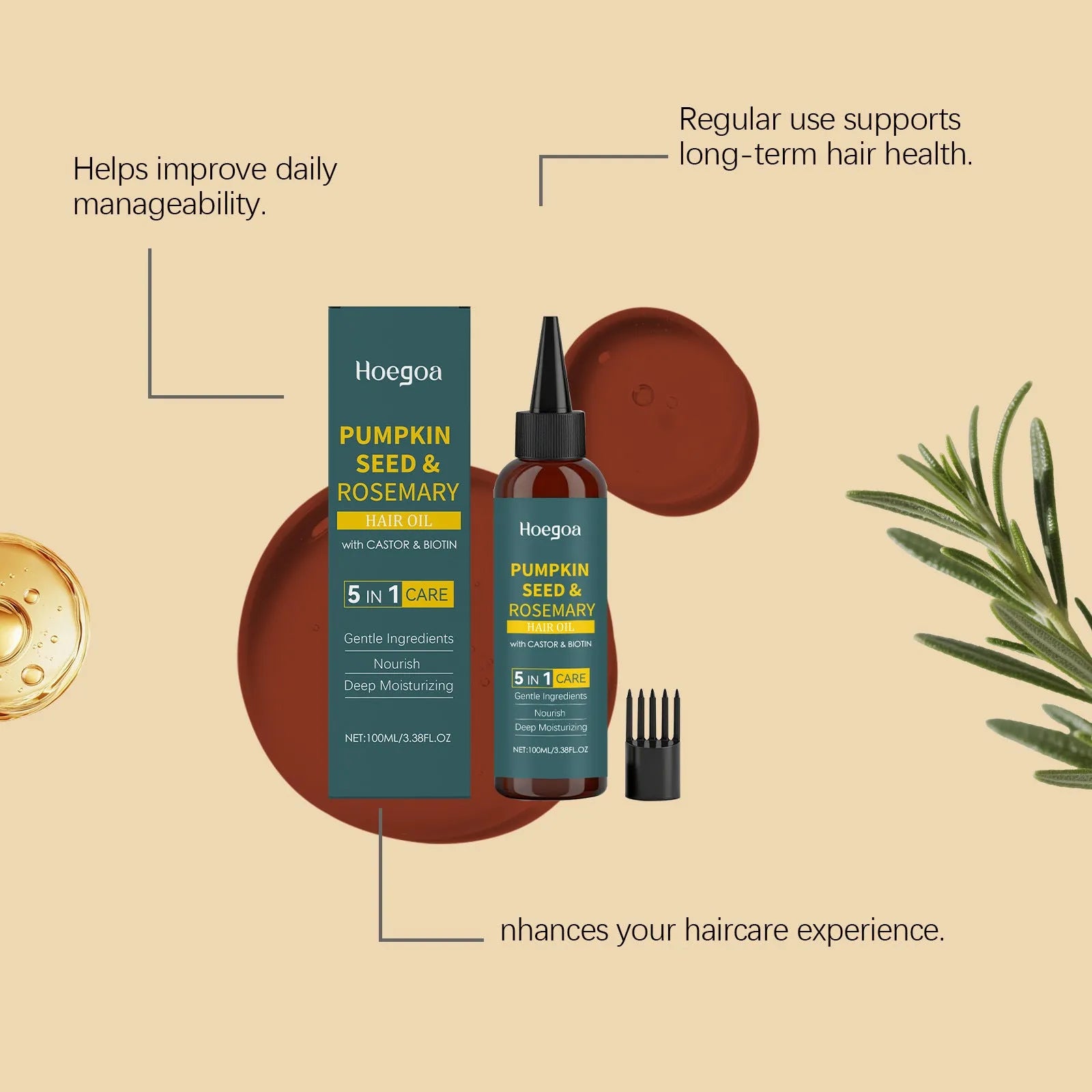 Rosemary hair oil treatment set with 100ml bottle, pointed applicator nozzle and hair comb