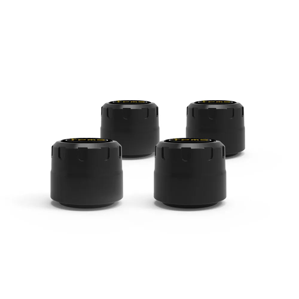 Bluetooth 5.0 tyre pressure monitoring system with four black external sensors, a wrench, and anti-theft screws.