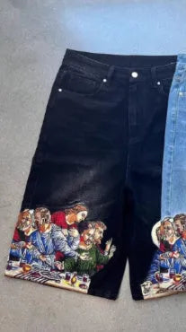 Blue men's cotton shorts with a Jesus graphic printed on the back pocket