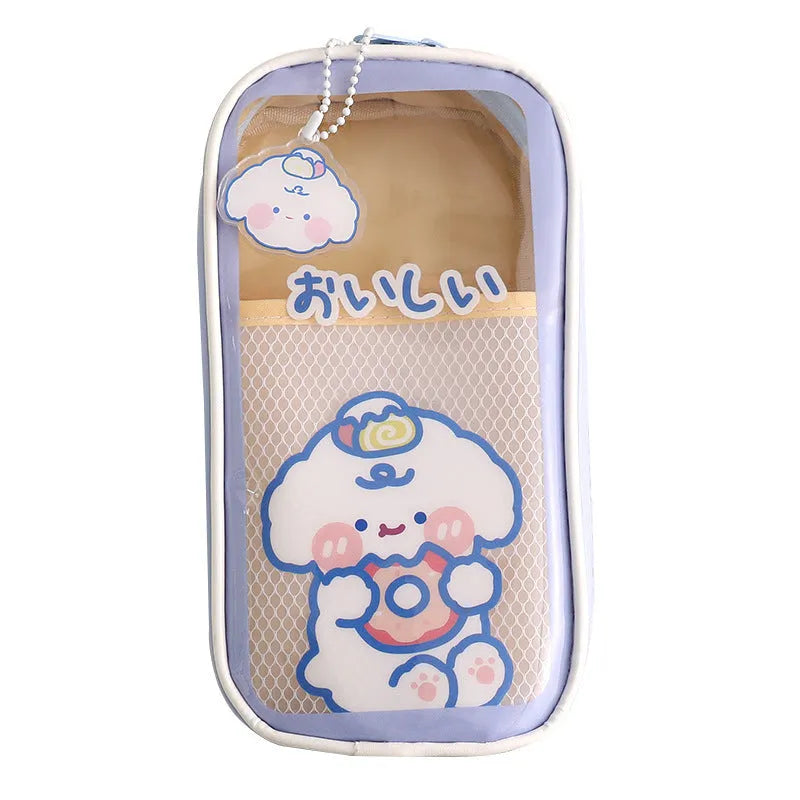 Large transparent PVC pencil case with cartoon bear, rabbit, and dog designs for student stationery.