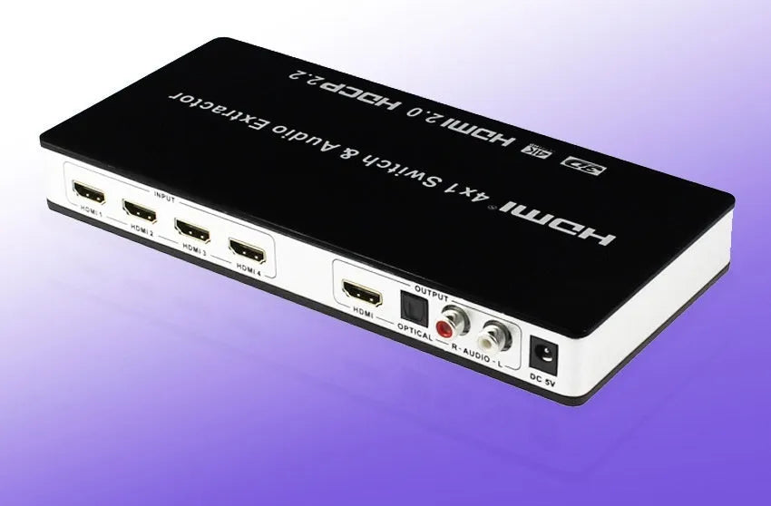 Black 4 input 1 output HDMI audio video switch with remote control on a table
