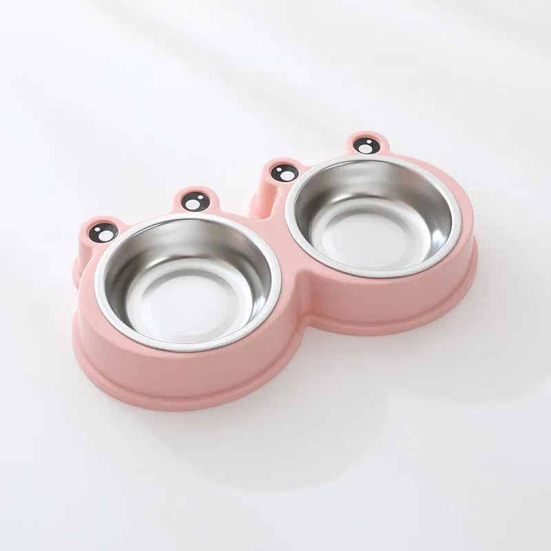Stainless steel pet double bowl with frog water reservoir in blue, green or pink colours