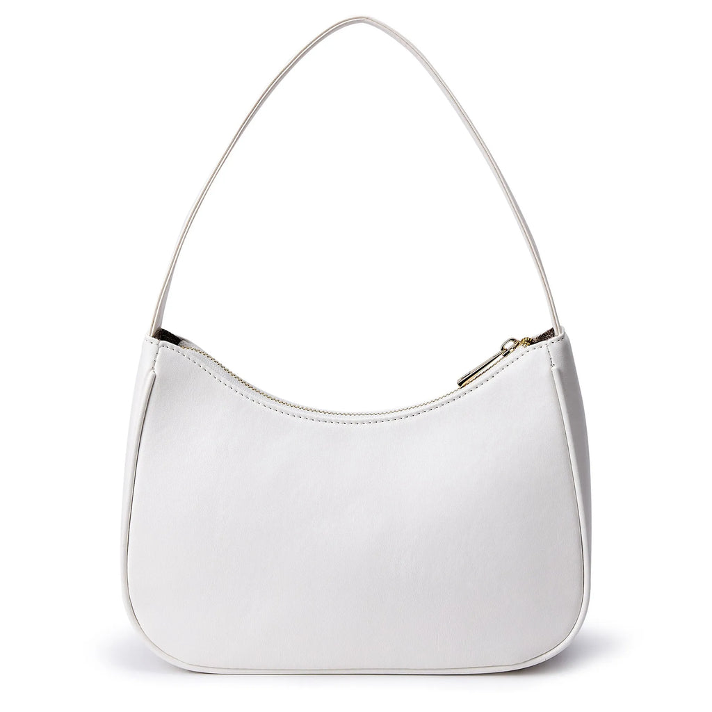 Simple retro waterproof PU shoulder bag with adjustable strap shown in apricot colour