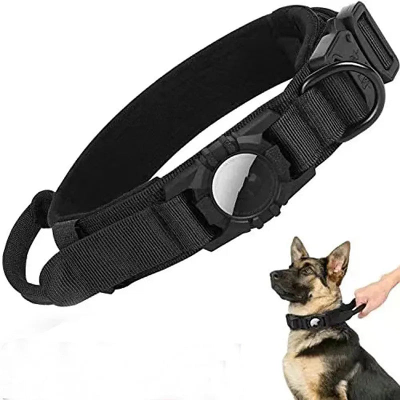 Polyester dog AirTag collar holder in black on a dog collar