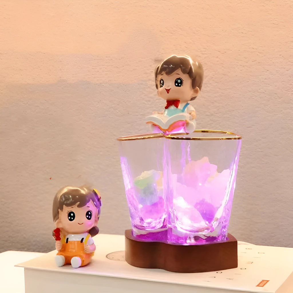 Heart-to-heart transparent crystal glass night lamp on beech wood base with USB cable