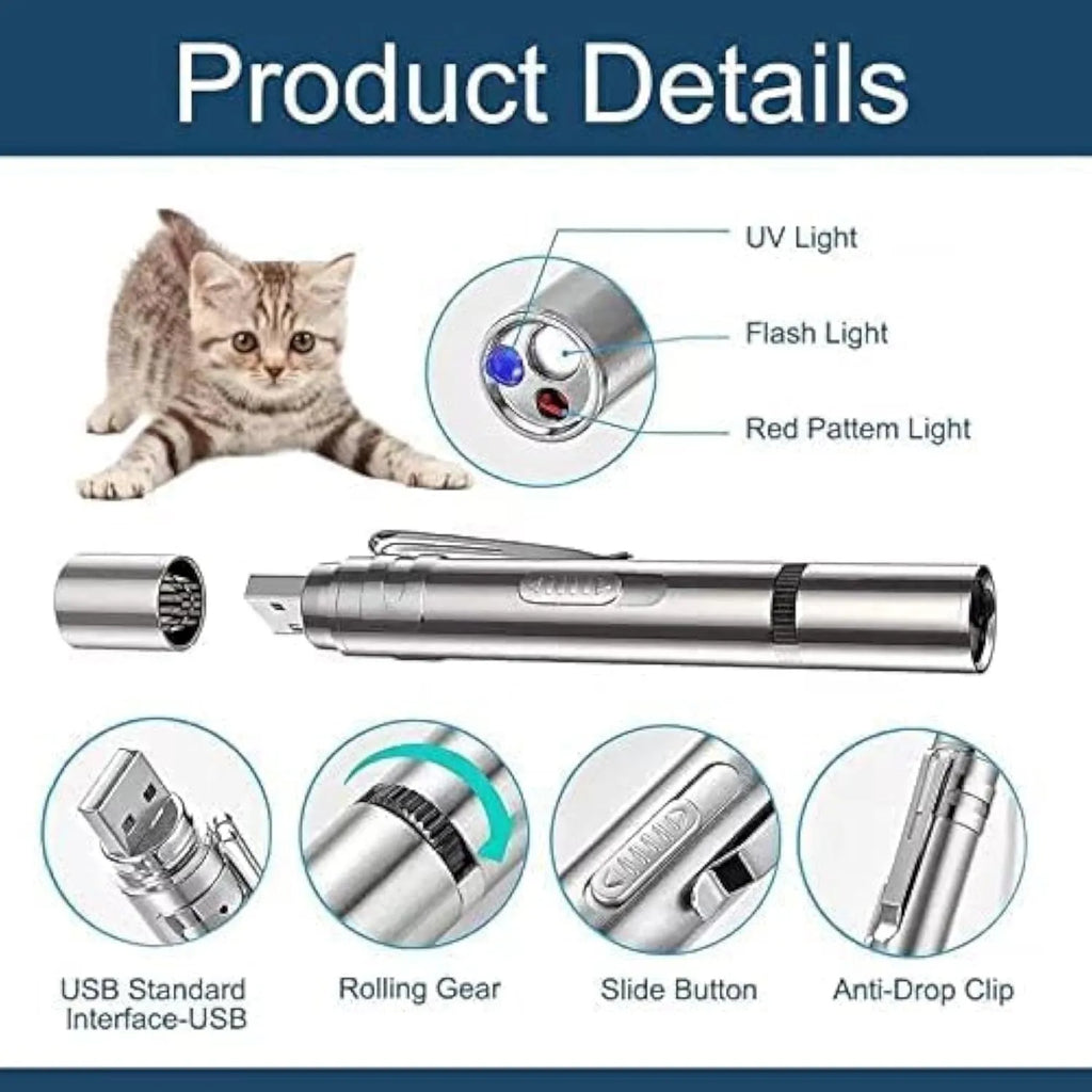 Silver aluminium interactive cat laser pointer toy with USB port and multiple light pattern modes.