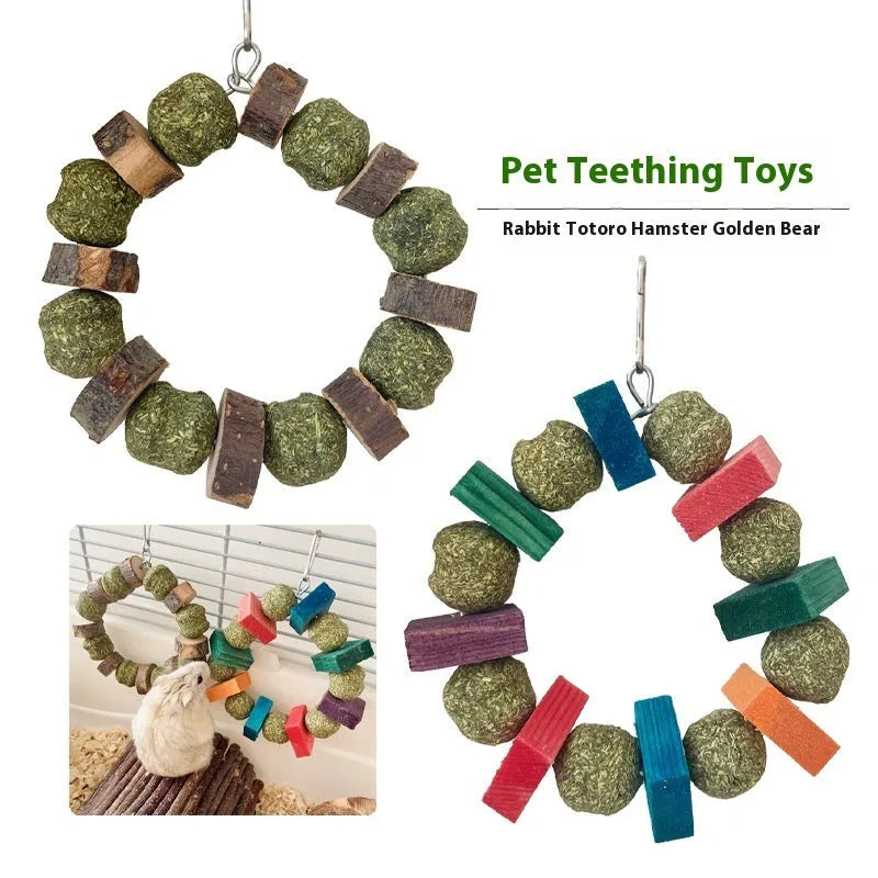 Hamster toy with Applewood straw ball ring for guinea pig and rabbit dental care and enrichment