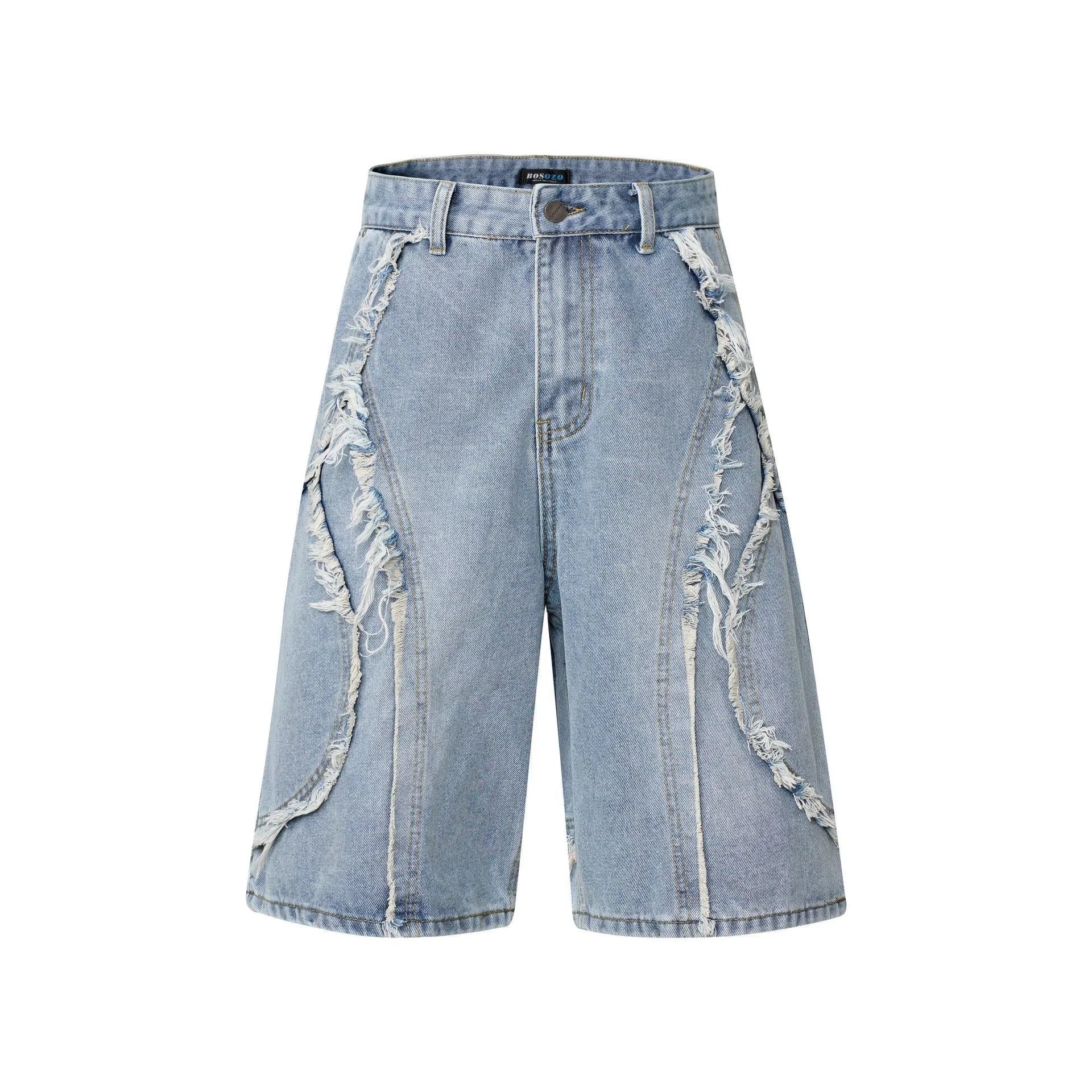 Distressed denim shorts with raw edge hem in light blue, shown in a straight-leg cropped fit.