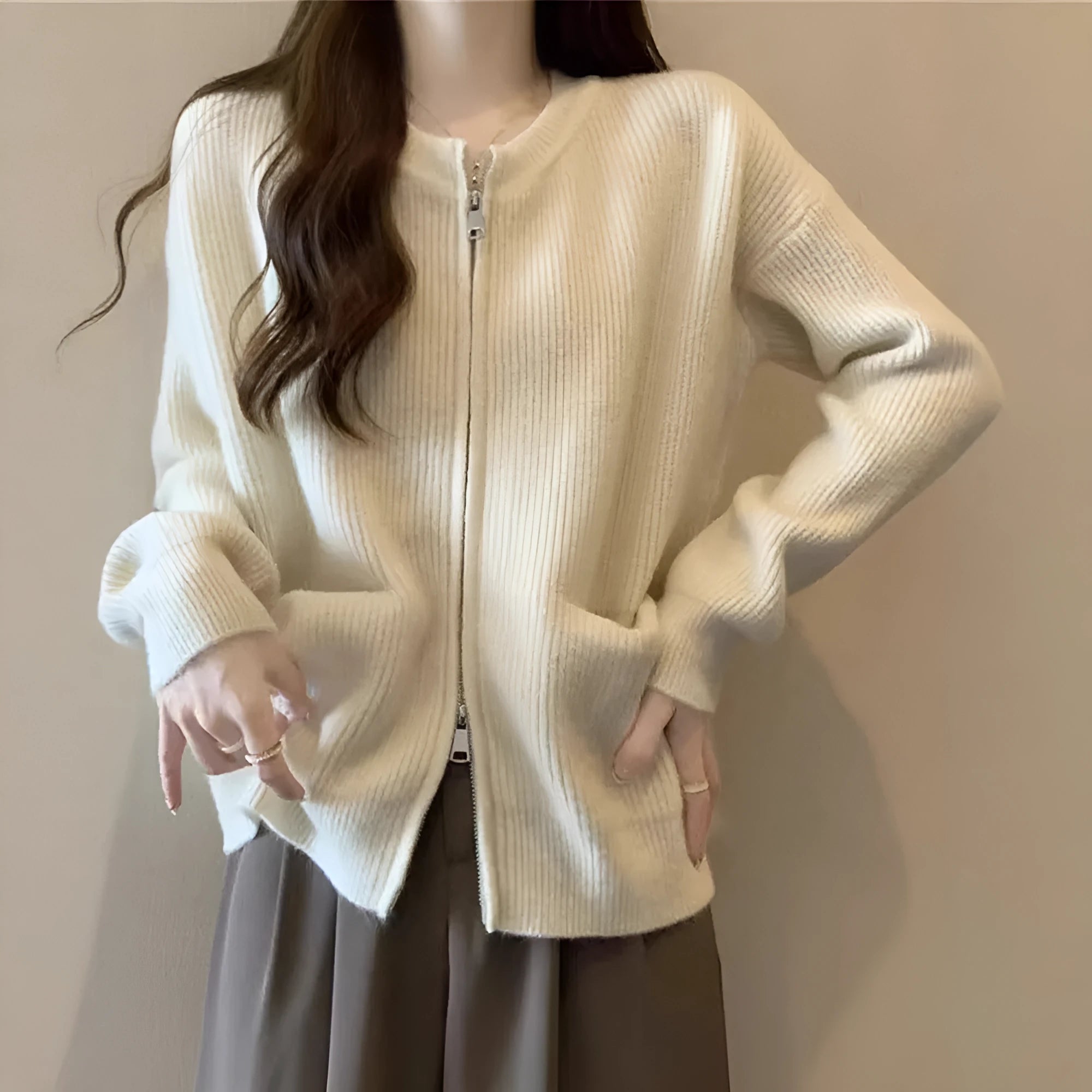 Soft Wind women's viscose sweater coat in beige, grey, black, or khaki colour.