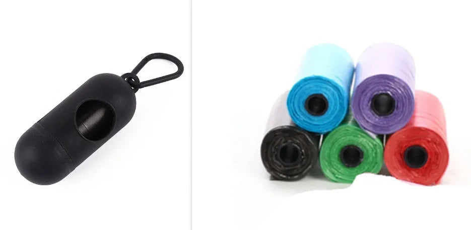 Roll of handled dog poop bags in assorted colours showing dimensions of 22.5 by 30 centimetres