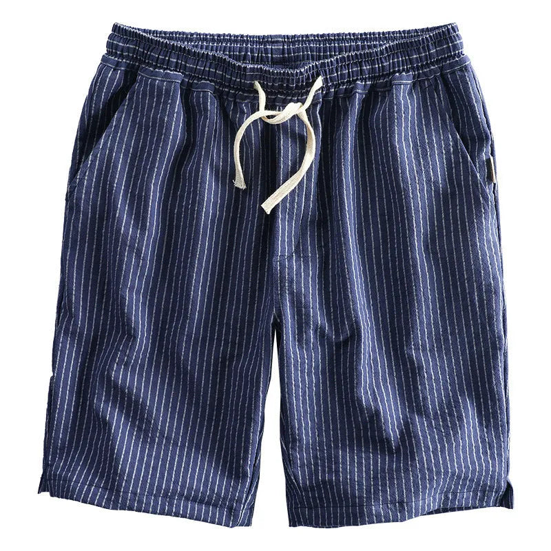 Men's striped cotton casual loose shorts on a hanger showing mid waist and shorts length.