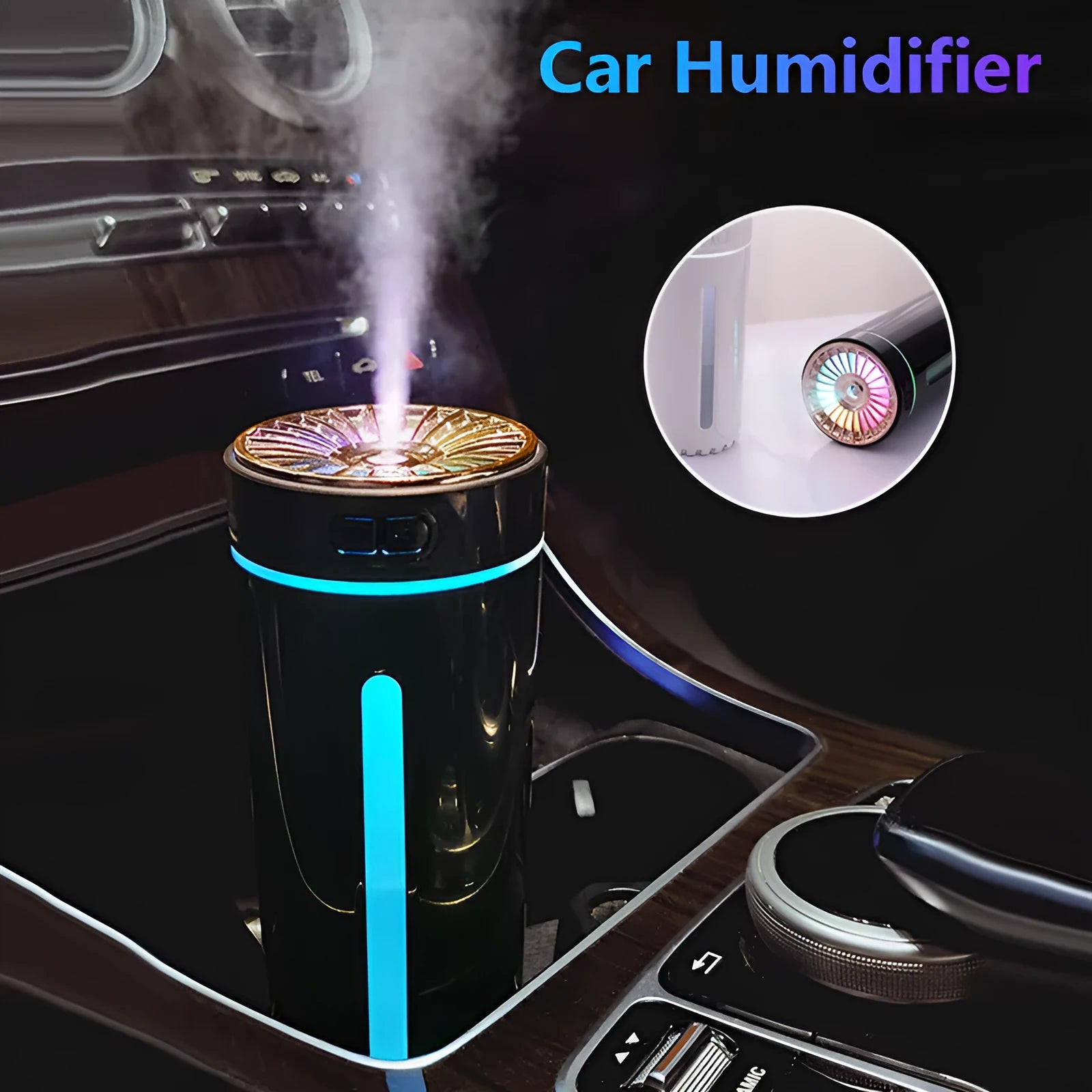 Black portable ultrasonic humidifier with colourful LED lights, shown next to a USB cable on a desktop.