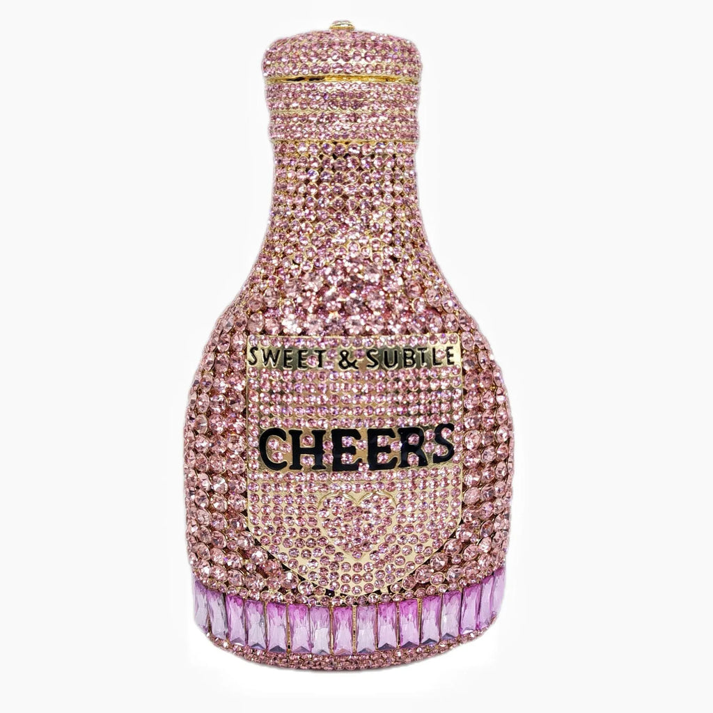 Gold champagne bottle shaped evening clutch bag with rhinestones, measuring 12cm by 7.5cm by 20cm