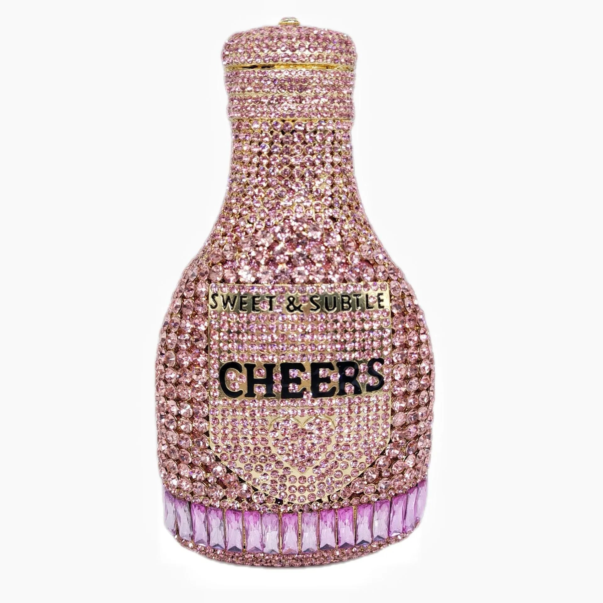 Gold champagne bottle shaped evening clutch bag with rhinestones, measuring 12cm by 7.5cm by 20cm