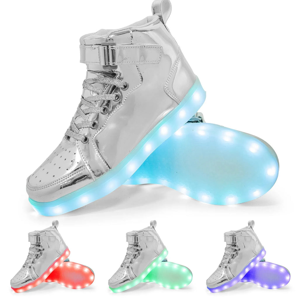 Man and woman wearing black and white high-top LED light-up sneakers with illuminated soles at an event.