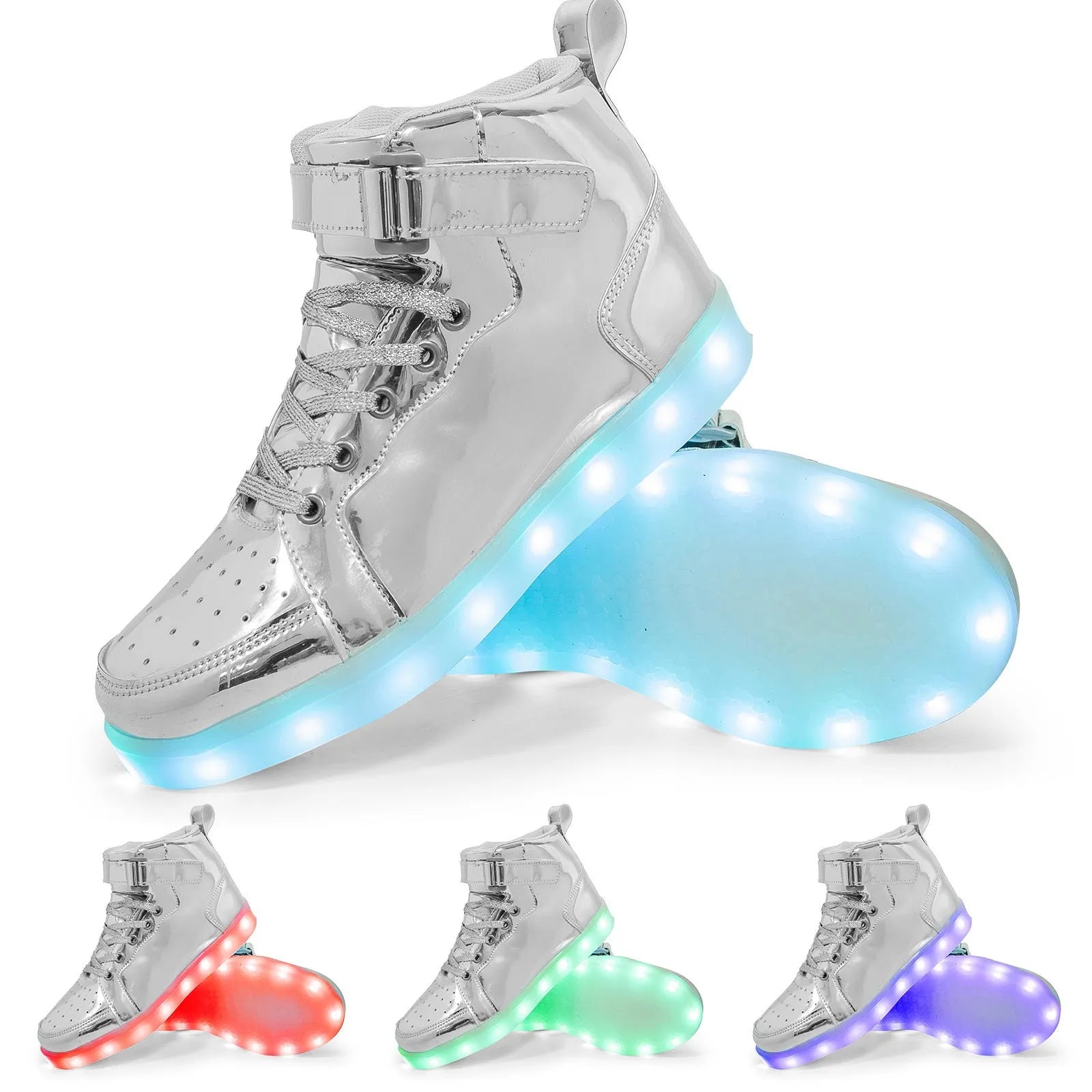 Man and woman wearing black and white high-top LED light-up sneakers with illuminated soles at an event.