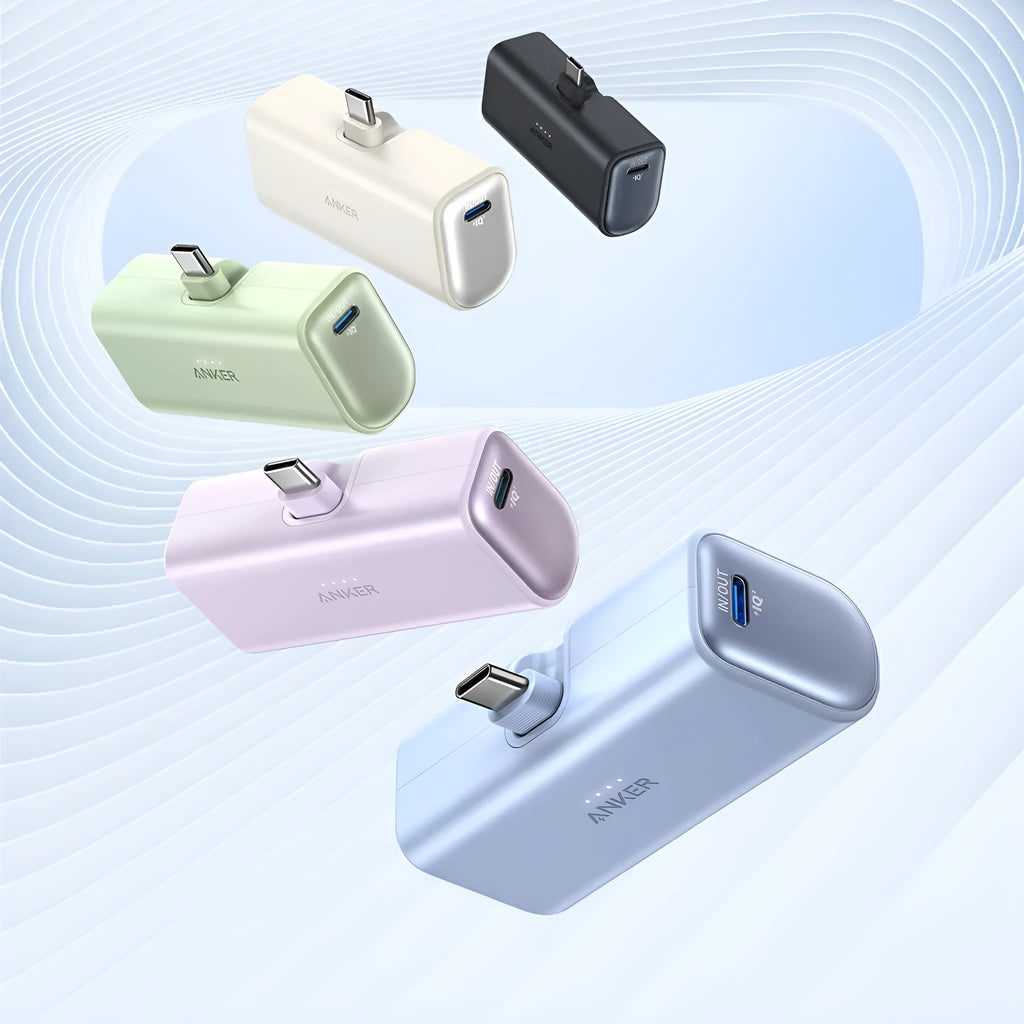 Compact capsule-shaped power bank in various colours with a fold-out USB-C cable